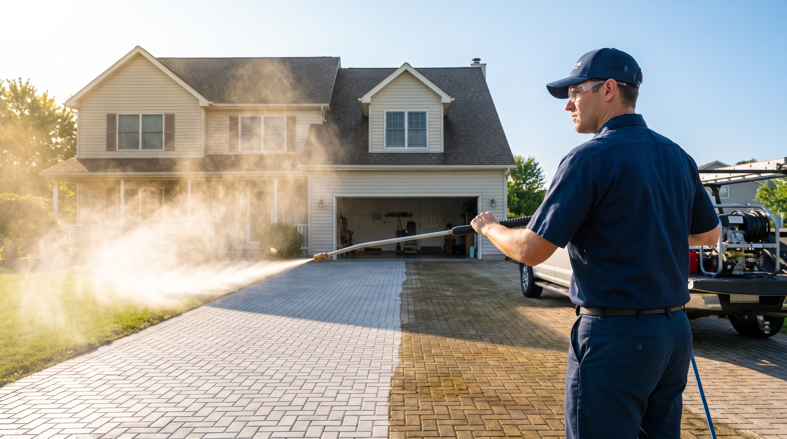 BrightCoast technician power washing a driveway, one half clean and bright, the other still dirty